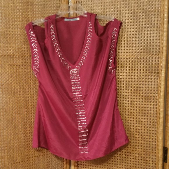 Moonlight Burgandy Beaded Silky TanK Cold Shoulder - Picture 1 of 6